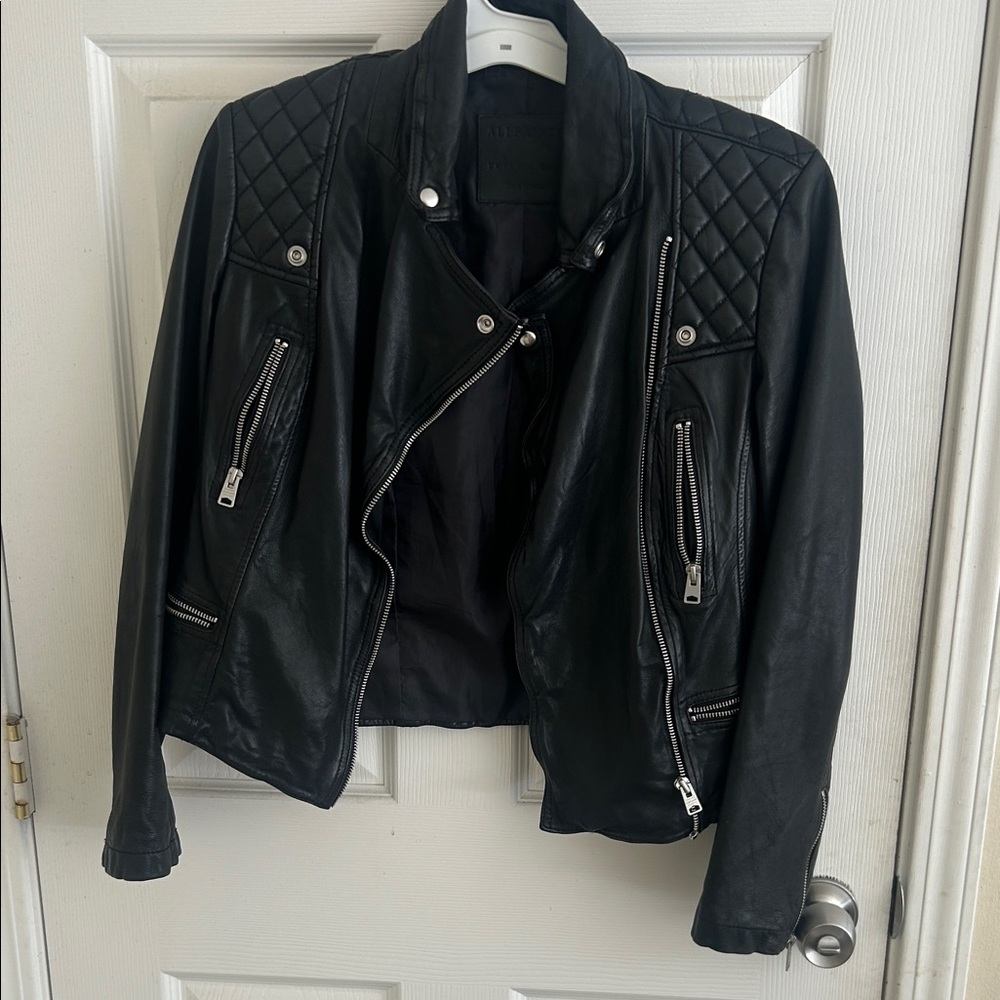 All Saints Black Leather Jacket with Quilted Shoulders sheep leather shell
